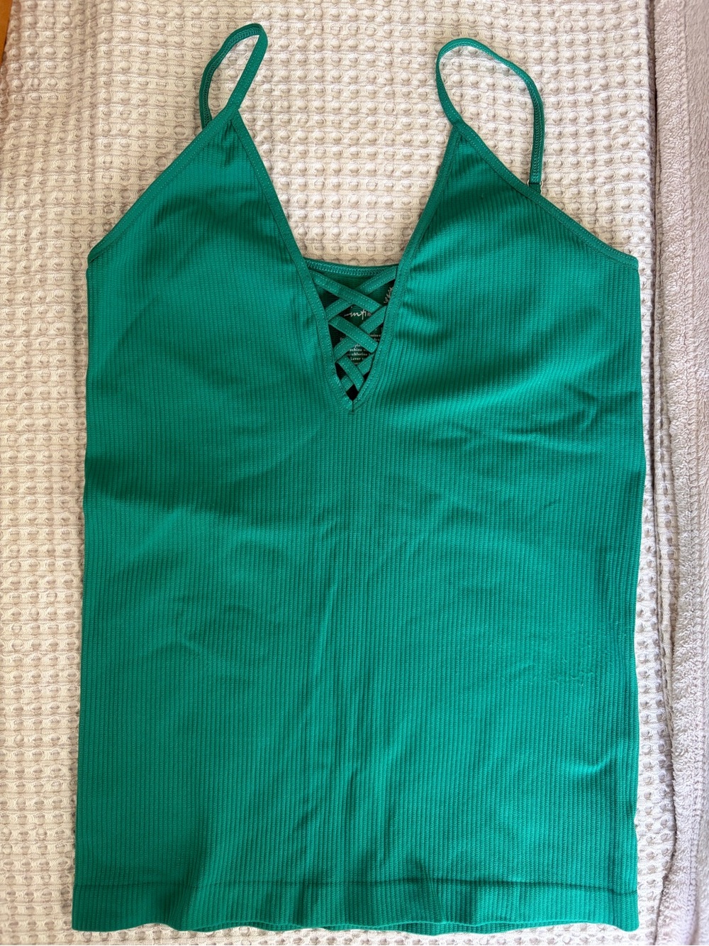 Free People Emerald Green Ribbed Lace-Up V-Neck Cami
